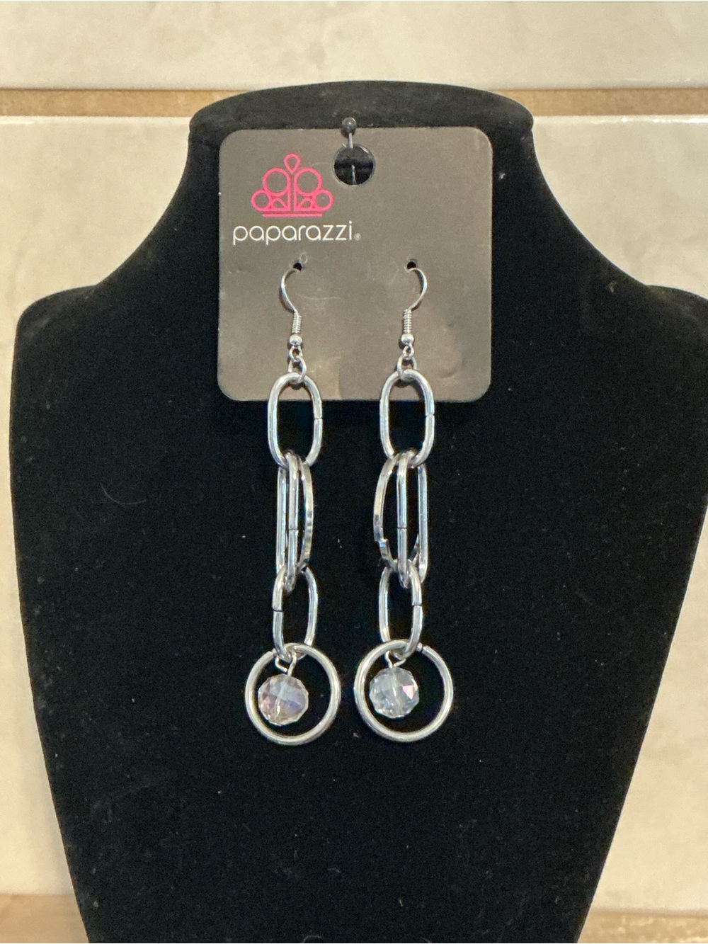 Paparazzi Silver Link Drop Earrings with Clear Crystal